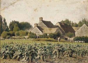 A landscape with a field of mangold wurzels, a hamlet with two figures beyond