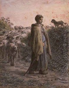 A sherpherdess with her flock, a dog on a bank to the right by Jean-Francois Millet