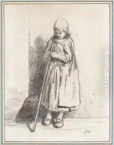Filette adossee contre un mur et tenant un baton by Jean-Francois Millet