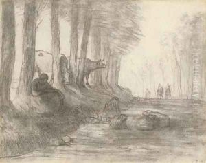 Jeune bergere avec son troupeau au bord d'une route by Jean-Francois Millet