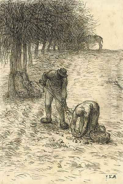 Peasants digging for potatoes, a donkey seen beyond - view 1