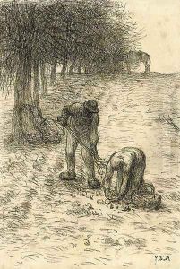 Peasants digging for potatoes, a donkey seen beyond by Jean-Francois Millet