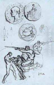 Three studies for antique coins, hunters and a man with a lion Three studies for antique coins, hunters and a man with a lion