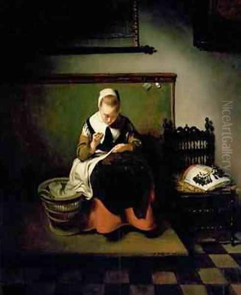 A Young Woman Sewing - view 1