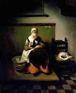 A Young Woman Sewing by Nicolaes Maes