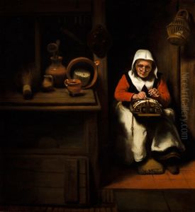 An old woman making lace in a kitchen by Nicolaes Maes