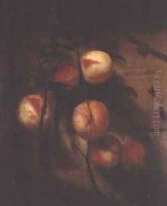 Bough of peaches against a wall with snails