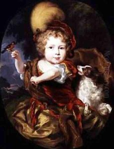 Portrait of a Boy Holding a Bird on his Finger with a Dog by his Side