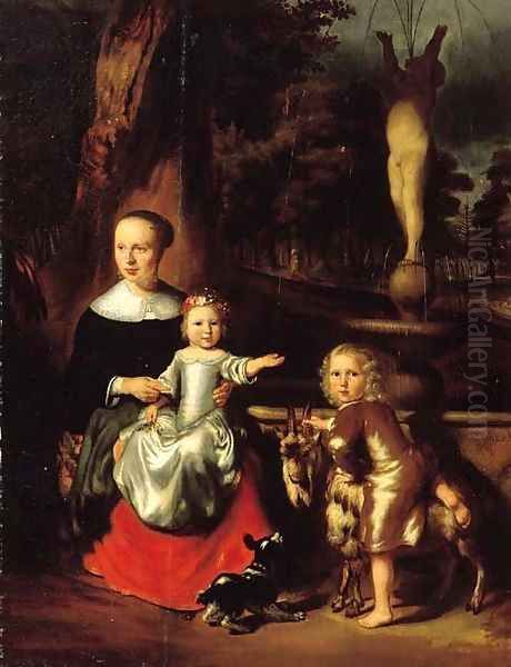 A group portrait of a mother and her two children by a fountain in a park she seated small full length - view 1