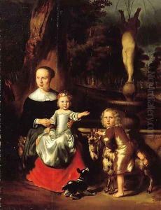 A group portrait of a mother and her two children by a fountain in a park she seated small full length A group portrait of a mother and her two children by a fountain in a park she seated small full length
