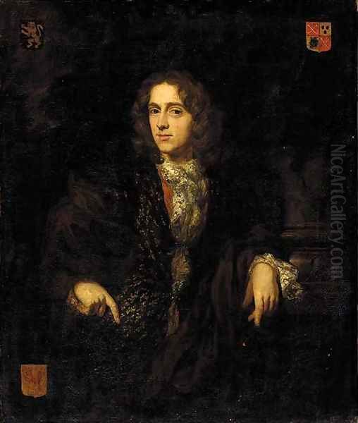 Portrait of Johannes Bouwens (1663-1720), half-length, in a brown jacket and an embroidered waistcoat, his left arm resting on the base of a column - view 1