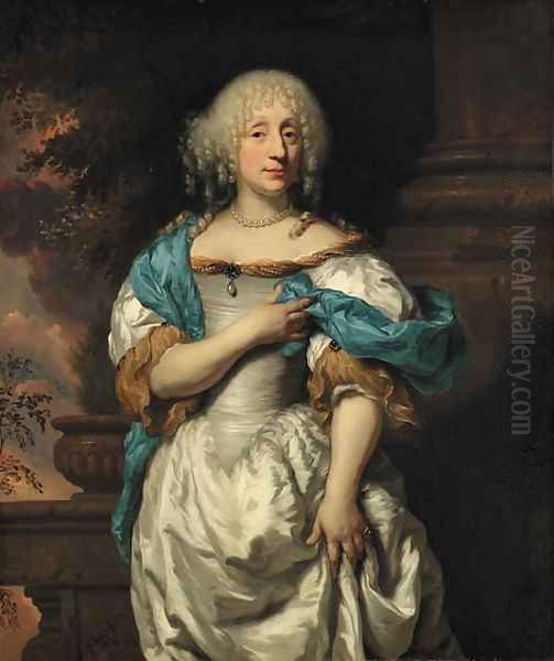 Portrait of a lady, three-quarter-length, in a white dress and a blue shawl, on a terrace, a wooded landscape beyond - view 1