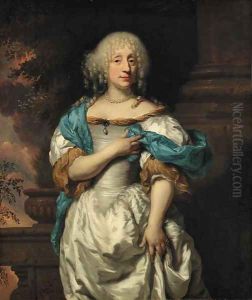 Portrait of a lady, three-quarter-length, in a white dress and a blue shawl, on a terrace, a wooded landscape beyond
