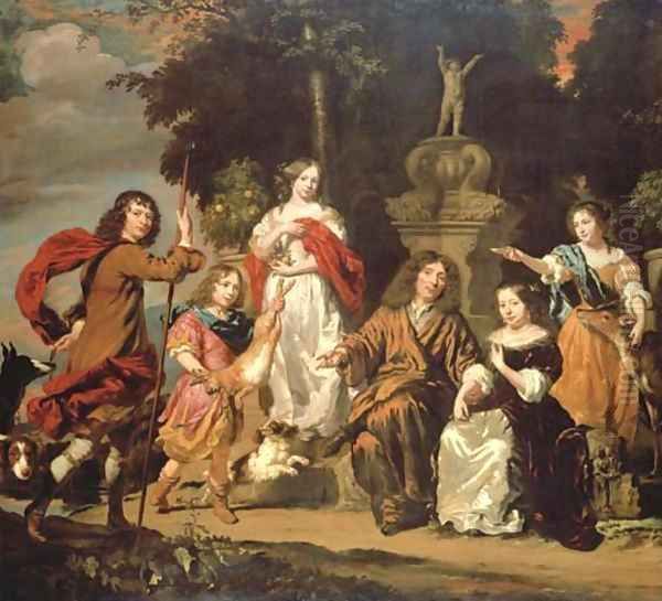 Group portrait of a family in an Italianate garden with an ornate fountain - view 1