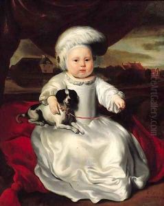 Portrait of a baby boy, seated on a cushion by a draped curtain, wearing a white satin dress and feathered hat, a pet dog on his lap by Nicolaes Maes