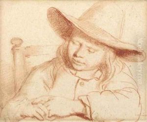 Portrait of a boy seated at a table sleeping by Nicolaes Maes