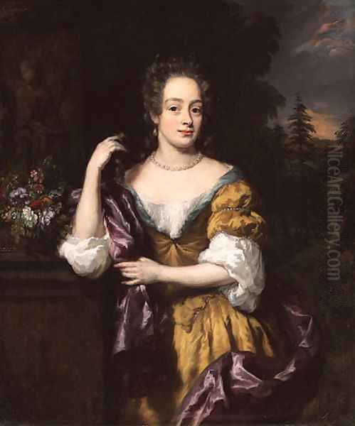 Portrait of a lady, three-quarter-length, in a brown dress and a purple mantle ,beside a pedestal in a landscape - view 1