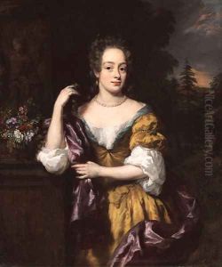 Portrait of a lady, three-quarter-length, in a brown dress and a purple mantle ,beside a pedestal in a landscape