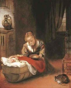 An interior with a young girl eating curds from a bowl, and an infant in a wicker cradle, a cat before a chair beside them by Nicolaes Maes