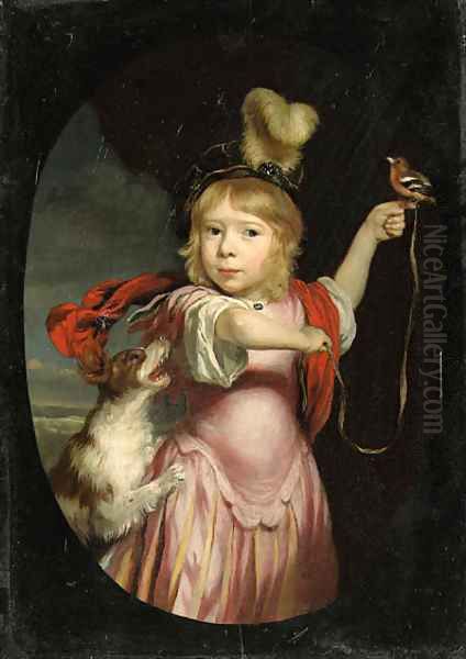 Portrait of a boy as Cupid, three-quarter-length, in classical costume, wearing a feathered hat, holding a bullfinch, a spaniel beside him - view 1