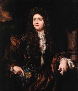 Portrait of a gentleman, standing small three quarter length on a terrace, wearing a blue, gold embroidered jacket, a light brown wrap