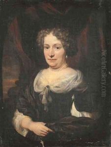 Portrait of a lady, half-length, in a black dress with a white collar and black scarf, a pearl necklace and drop earrings, before a red curtain