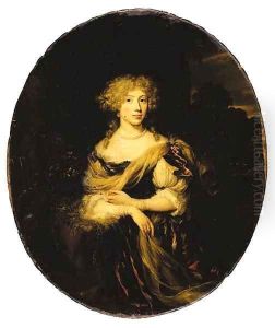 Portrait of a lady, three-quarter-length, in a red dress and wearing a string of pearls, a landscape beyond