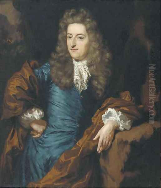 Portrait of a nobleman, three-quarter-length, in a satin blue waistcoat brown mantle and wig, in a landscape - view 1