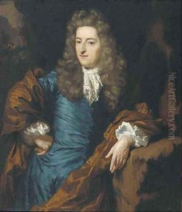 Portrait of a nobleman, three-quarter-length, in a satin blue waistcoat brown mantle and wig, in a landscape
