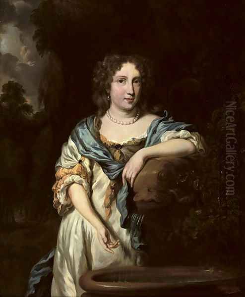 Portrait of an elegant lady, three-quarter-length, in a white satin dress by a fountain - view 1