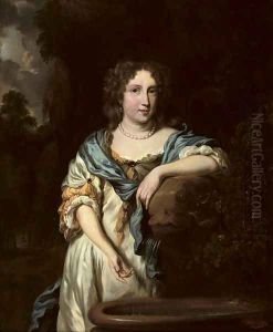 Portrait of an elegant lady, three-quarter-length, in a white satin dress by a fountain