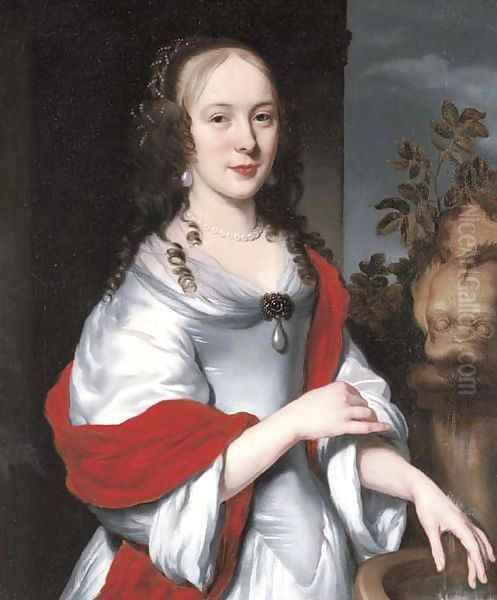 Portrait of lady, three-quarter-length, in a satin dress with a red shawl, by a fountain - view 1