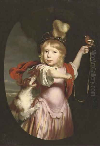 Portrait of a boy, three-quarter-length, in classical dress with a feathered hat, a bullfinch in his left hand and a spaniel beside him - view 1