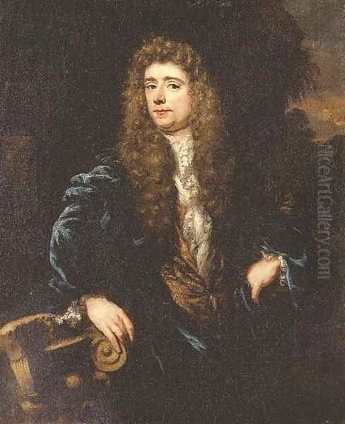 Portrait of a gentleman, half-length, in a blue jacket and a gold-embroidered waistcoat, his right hand resting on a ruined capital - view 1