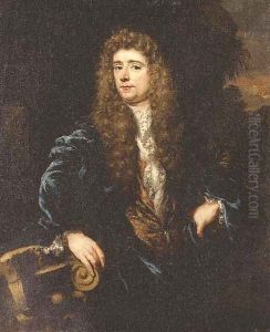 Portrait of a gentleman, half-length, in a blue jacket and a gold-embroidered waistcoat, his right hand resting on a ruined capital