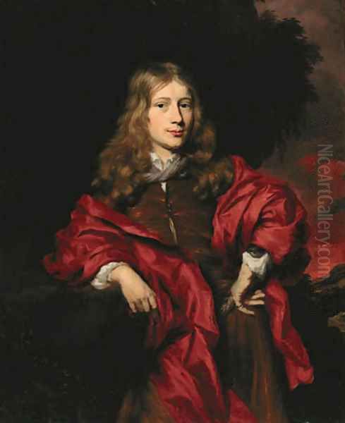 Portrait of a gentleman, small three-quarter-length, in a brown tunic with a red cloak in a wooded landsape at sunset - view 1