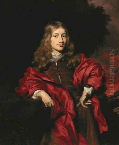 Portrait of a gentleman, small three-quarter-length, in a brown tunic with a red cloak in a wooded landsape at sunset