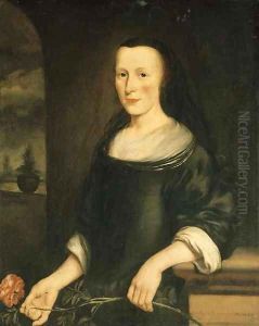 Portrait of a lady, three-quarter-length, in a terrace holding a flower