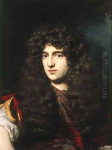 Portrait of a young man, small bust-length, in classical costume and a wig, in a landscape by Nicolaes Maes