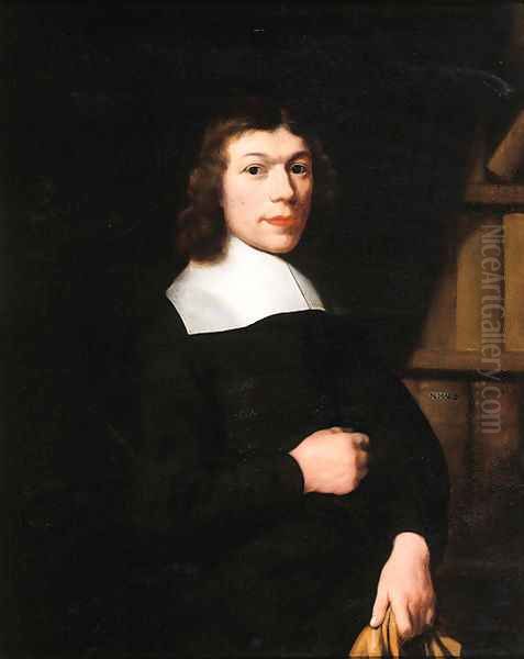 Portrait of a young man, standing three quarter length by a bookcase, wearing dark costume and a lace collar, holding gloves - view 1