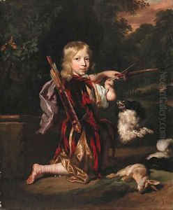 Portrait of a youth, small full-length kneeling, in classical style costume, drawing a bow, a dead rabbit beside him, with a spaniel by Nicolaes Maes