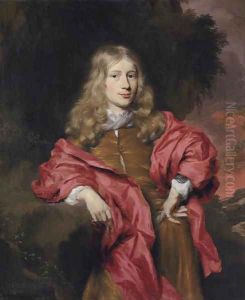 Portrait of gentlemen, three-quarter length, in a brown tunic with a red cloak in a wooded landscape, at sunset by Nicolaes Maes