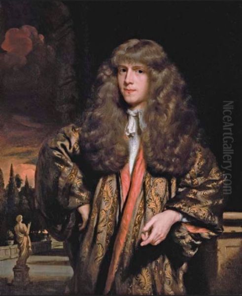 Portrait of a gentleman, three-quarter-length, in a brocaded silk Japonische rock, on the terrace of a garden at sunset - view 1