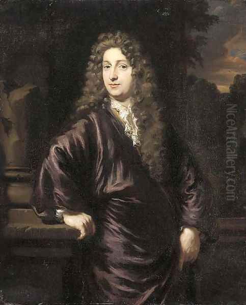 Portrait of a man, three-quarter-length, in a purple coat with a lace cravat, his right hand resting on a plinth, an evening landscape beyond - view 1