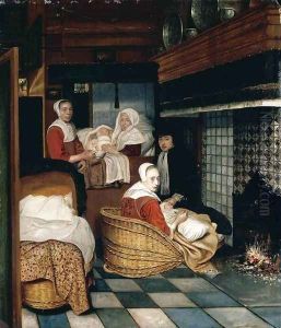 Interior with a Family and Two Nurses before a Fire 1670s by Cornelis De Man