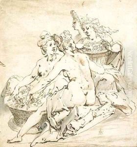 A group of four nude women holding two baskets of flowers