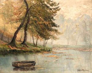 A rowboat by a mountainous lake