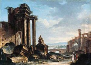 A capriccio of classical ruins with figures conversing in the foreground