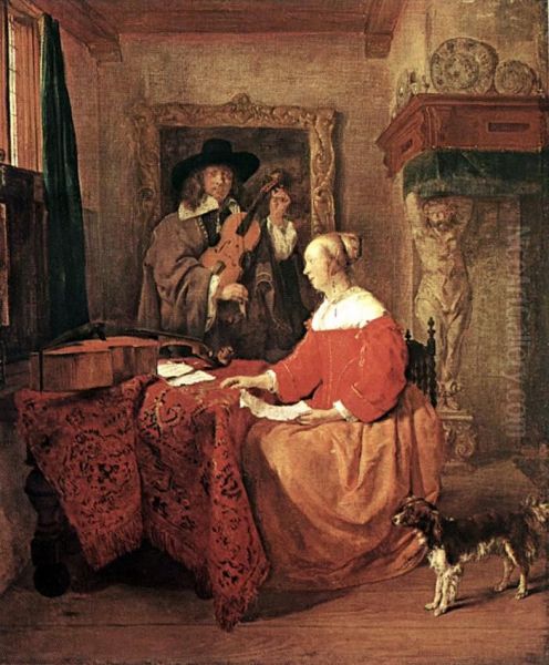 A Woman Seated at a Table and a Man Tuning a Violin by Gabriel Metsu
