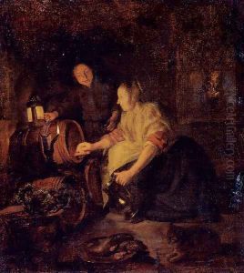 A Woman Drawing Wine From A Barrel by Gabriel Metsu